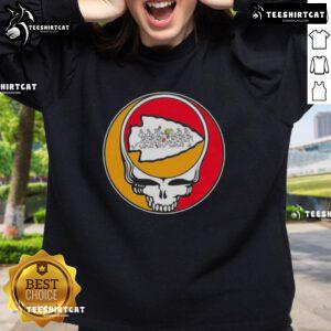 Alt Text: Premium NFL Kansas City Chiefs Grateful Dead Stealie Sweatshirt featuring vibrant graphics and cozy fabric.