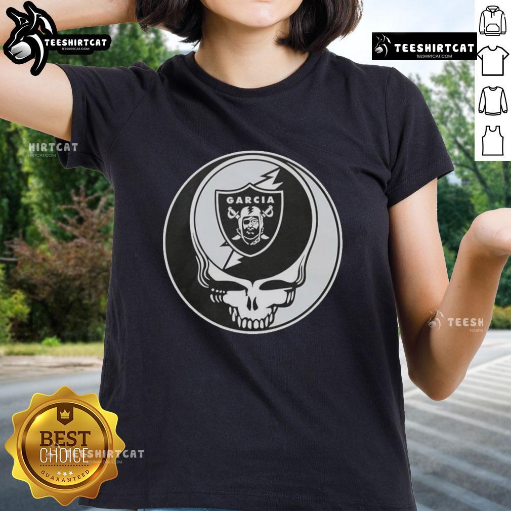 Alt Text: Premium NFL Oakland Raiders Grateful Dead Stealie ladies tee featuring vibrant graphics and a stylish design.