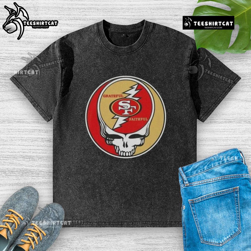 Premium NFL San Francisco 49ers Grateful Dead Stealie Washed T-Shirt featuring iconic graphics and soft fabric.