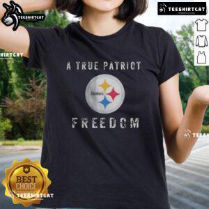 Alt Text: Premium Pittsburgh Steelers Football A True Patriot Freedom Ladies Tee in black with team logo and stylish design.