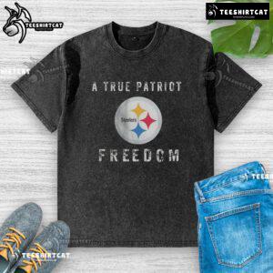 Alt Text: Premium Pittsburgh Steelers Football A True Patriot Freedom Washed T-Shirt in black, featuring team logo and patriotic design.