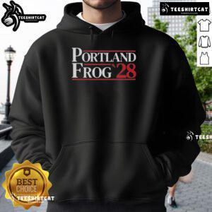 Premium Portland Frog 2028 Hoodie featuring a vibrant frog graphic, perfect for casual wear and eco-conscious fashion.