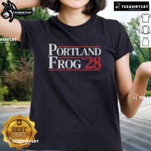 Premium Portland Frog 2028 Ladies Tee featuring a stylish design perfect for casual wear and eco-friendly fashion.