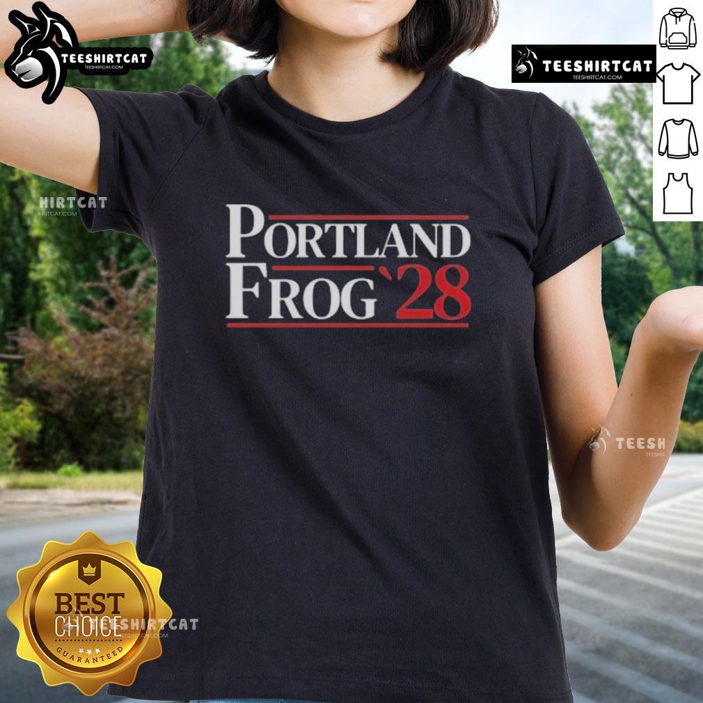 Premium Portland Frog 2028 Ladies Tee featuring a stylish design perfect for casual wear and eco-friendly fashion.