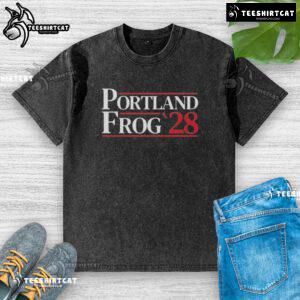 Alt Text: Premium Portland Frog 2028 washed t-shirt in soft cotton, featuring a vibrant frog graphic and relaxed fit.