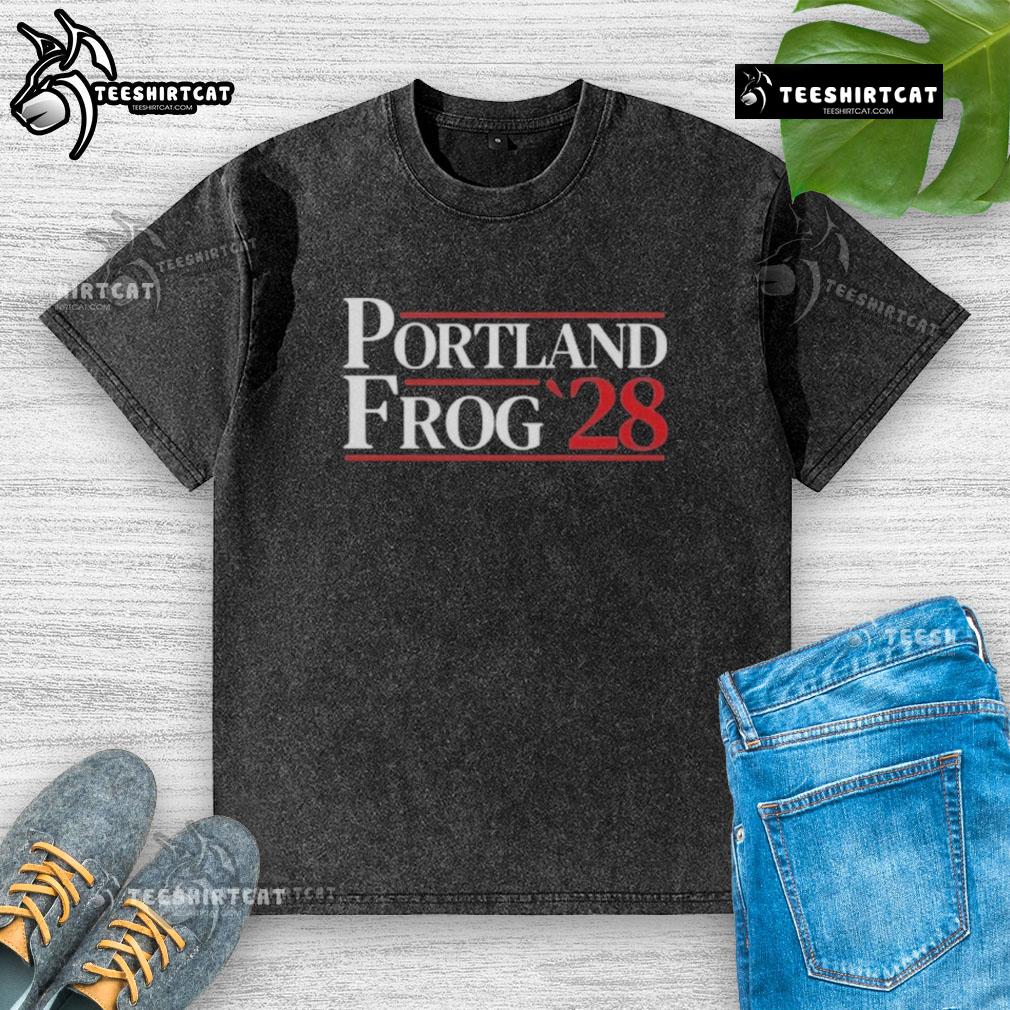 Alt Text: Premium Portland Frog 2028 washed t-shirt in soft cotton, featuring a vibrant frog graphic and relaxed fit.