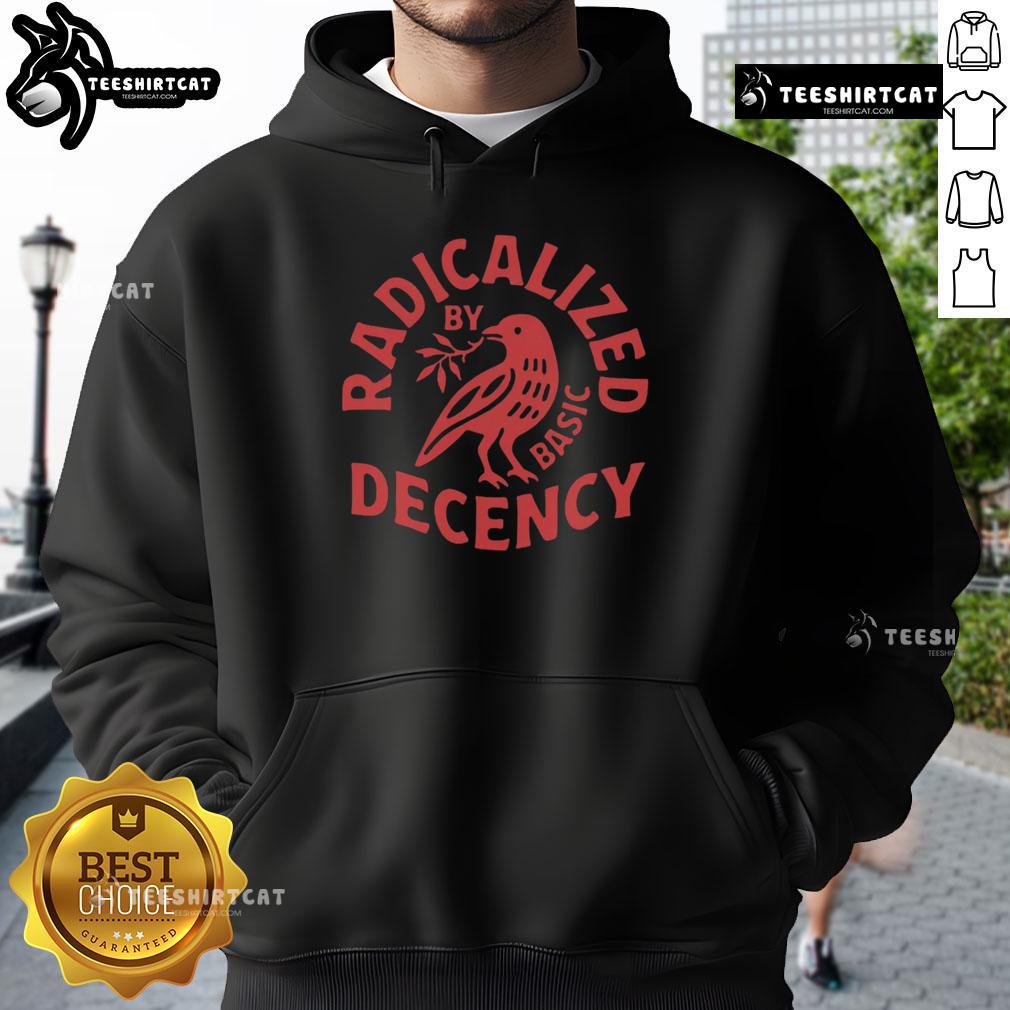 Alt Text: Premium Radicalized By Basic Decency Hoodie featuring bold text design on a stylish black background for casual wear.