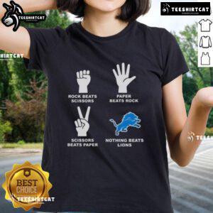 Premium Detroit Lions ladies tee featuring a fun graphic of rock, paper, scissors, perfect for football fans.