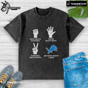 Premium Detroit Lions washed t-shirt featuring rock-paper-scissors design, perfect for fans of the team and fun graphics.