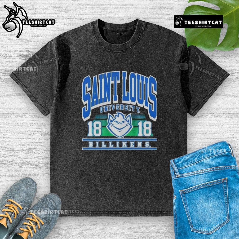 Premium Saint Louis University Billikens Est 1818 washed t-shirt in blue, showcasing school spirit and comfort.