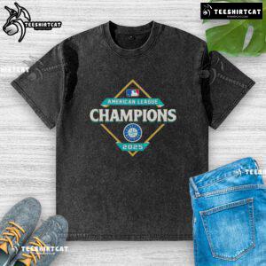 Alt Text: Premium Seattle Mariners 2025 American League Champions diamond logo washed t-shirt in navy blue, casual style.
