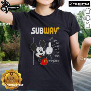 Alt Text: Premium Subway X Mickey 'Fluff Off' Ladies Tee featuring trendy design and playful message, perfect for casual wear.