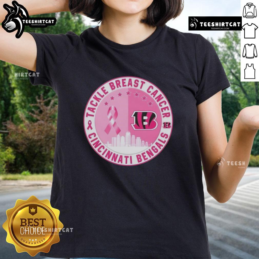 Premium Tackle Breast Cancer Cincinnati Bengals football skyline ladies tee featuring a stylish design and team colors.