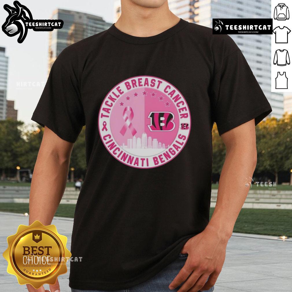 Premium Tackle Breast Cancer Cincinnati Bengals Football Skyline T-Shirt featuring a vibrant design and team colors.
