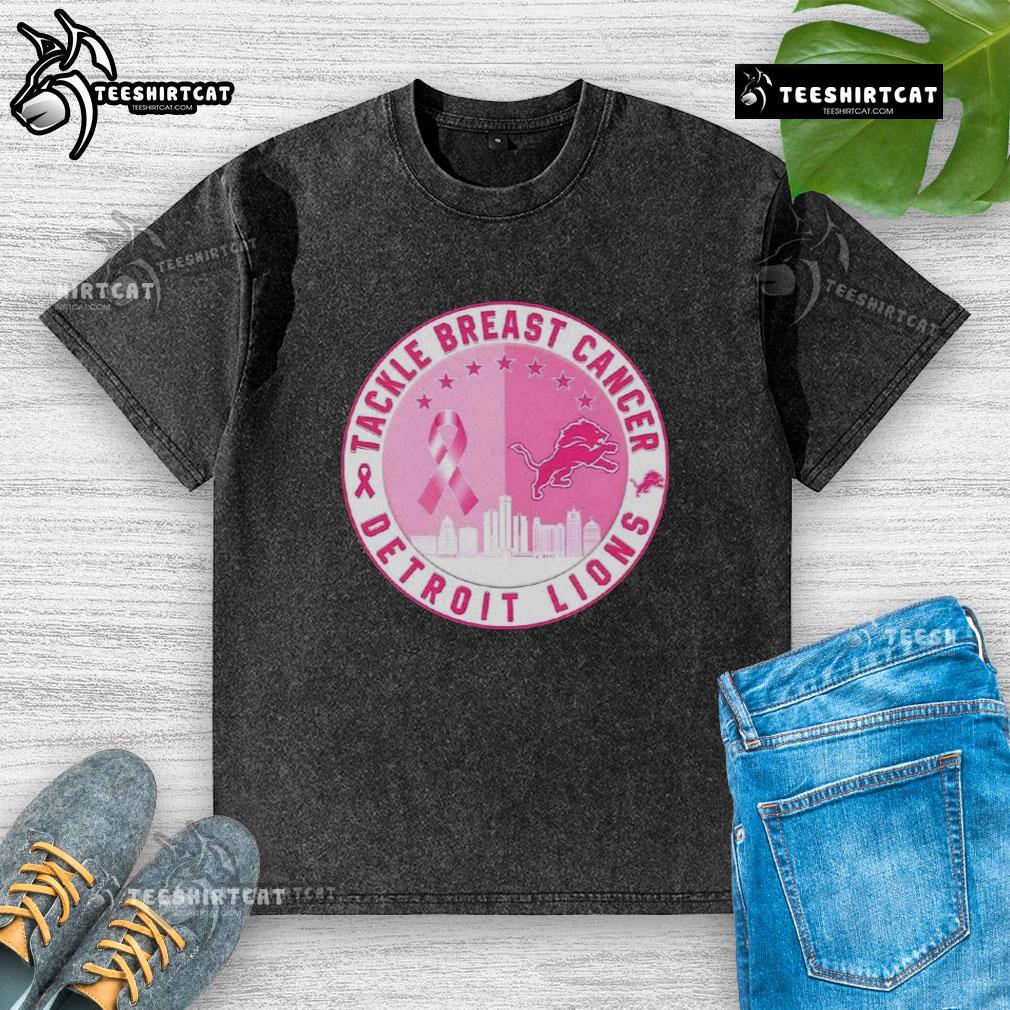 Premium Tackle Breast Cancer Detroit Lions football skyline washed t-shirt in vibrant colors for fans supporting the cause.
