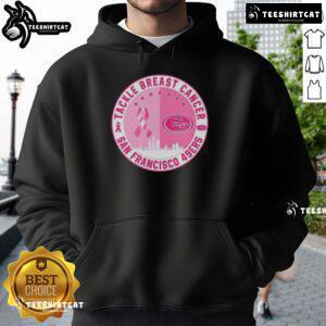 Premium Tackle Breast Cancer hoodie featuring San Francisco 49ers logo and skyline design for football fans.