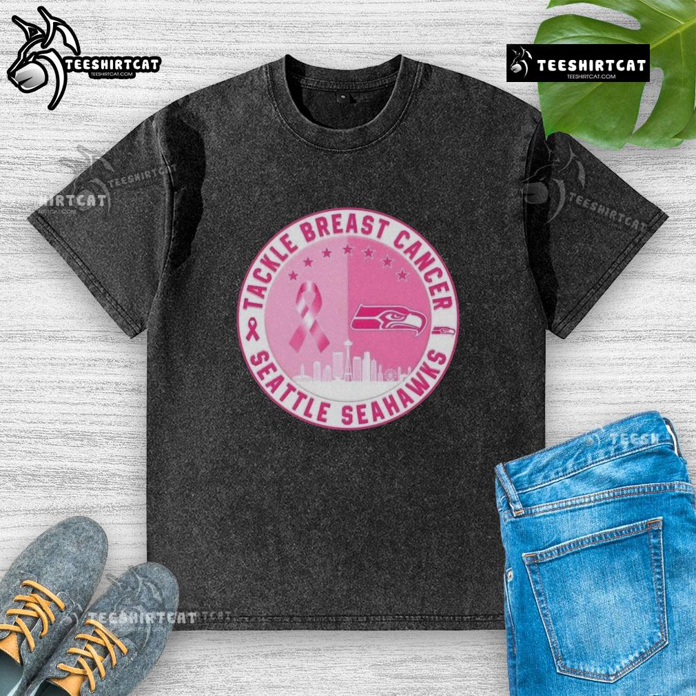 Premium Tackle Breast Cancer Seattle Seahawks football skyline washed t-shirt featuring vibrant team colors and design.