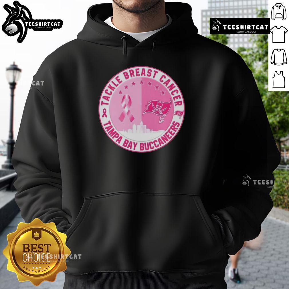 Premium Tackle Breast Cancer hoodie featuring Tampa Bay Buccaneers logo and skyline design for football fans.