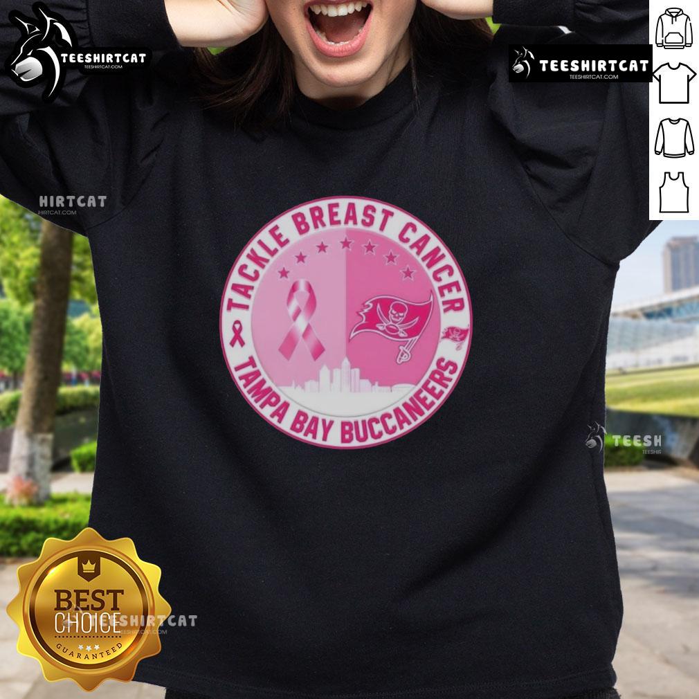 Premium Tackle Breast Cancer sweatshirt featuring Tampa Bay Buccaneers logo and skyline design, perfect for game day.