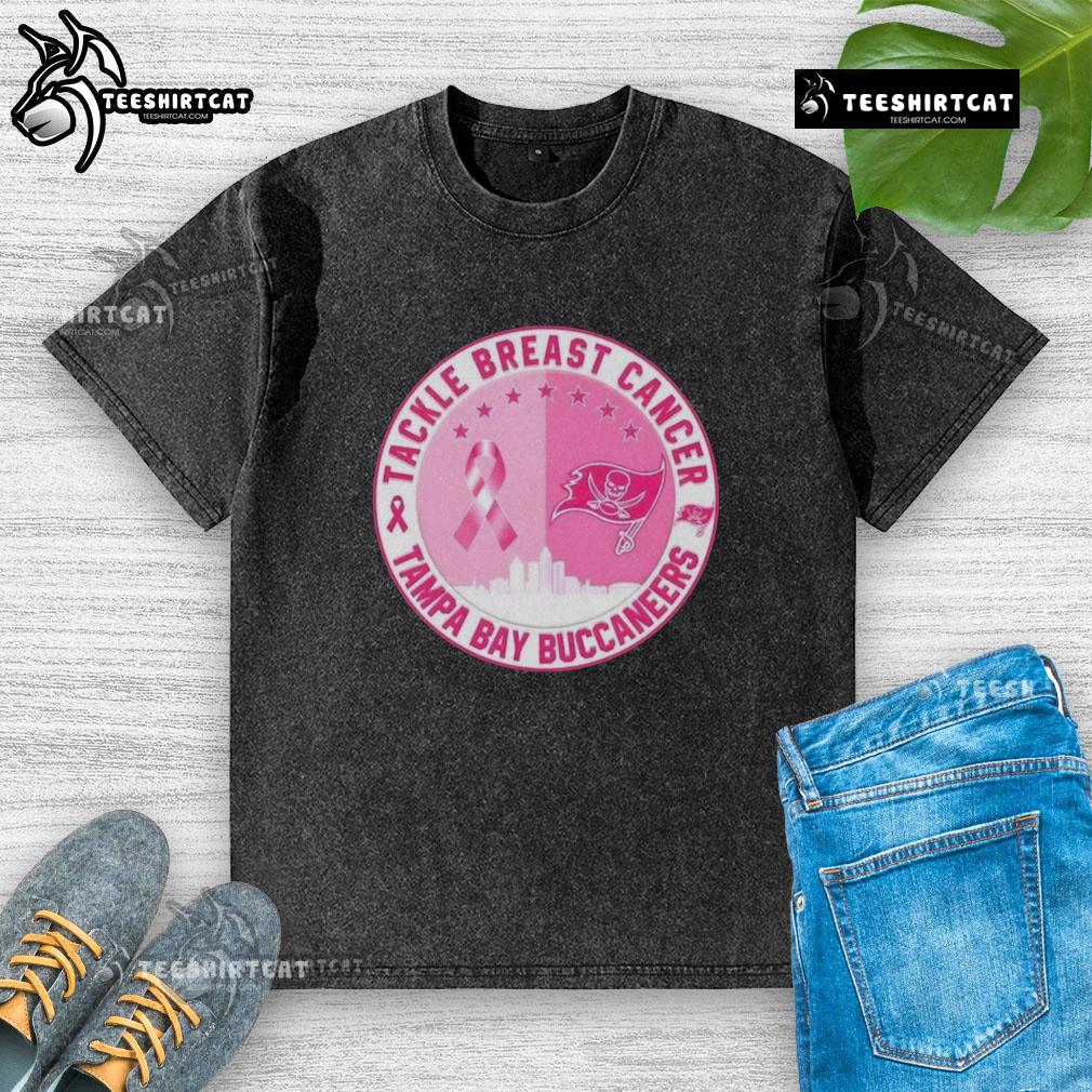 Premium Tackle Breast Cancer Tampa Bay Buccaneers football skyline washed t-shirt for stylish support and team pride.