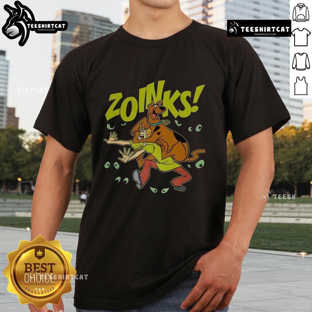 Alt Text: Premium Scooby-Doo and Shaggy Rogers vintage cartoon Zoinks T-shirt featuring colorful design and classic characters.