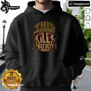 Alt Text: Premium hoodie featuring 'This Machine Kills Fascists' graphic, emphasizing guts over gasoline for a bold statement.