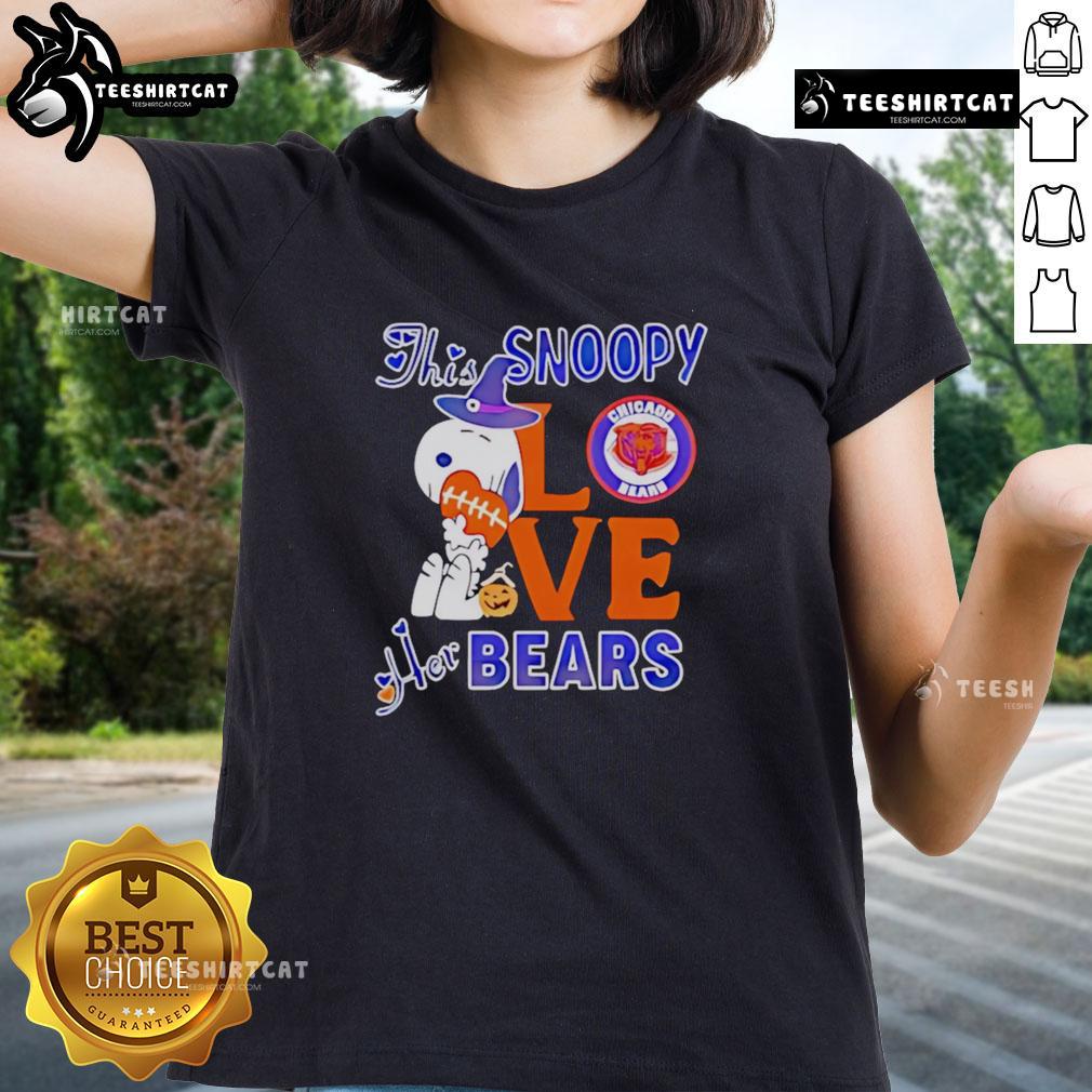 Alt Text: Premium Snoopy Love Her Chicago Bears Ladies Tee featuring a cute Snoopy graphic and stylish design for fans.