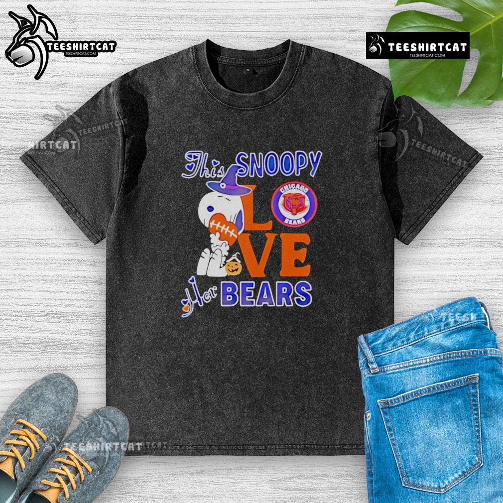 Premium Snoopy Love Her Chicago Bears Washed T-Shirt featuring a stylish design for fans and a comfortable fit.