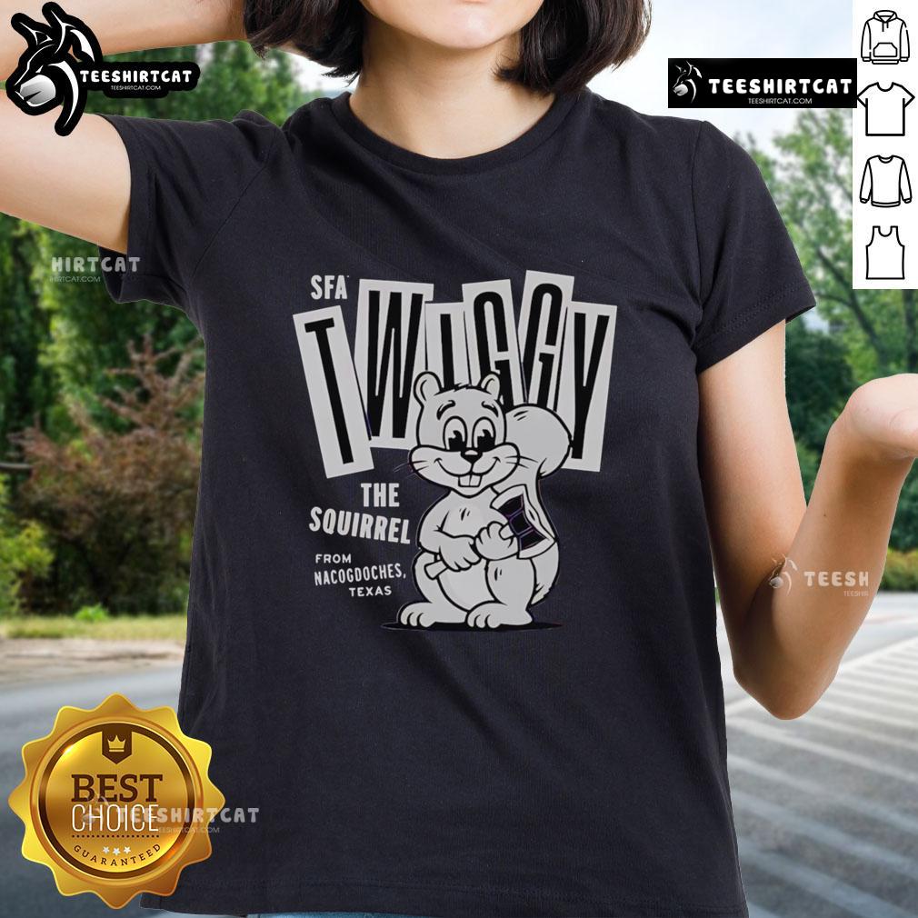 Premium Twiggy The Campus Squirrel Ladies Tee featuring a playful squirrel design on a stylish shirt for women.