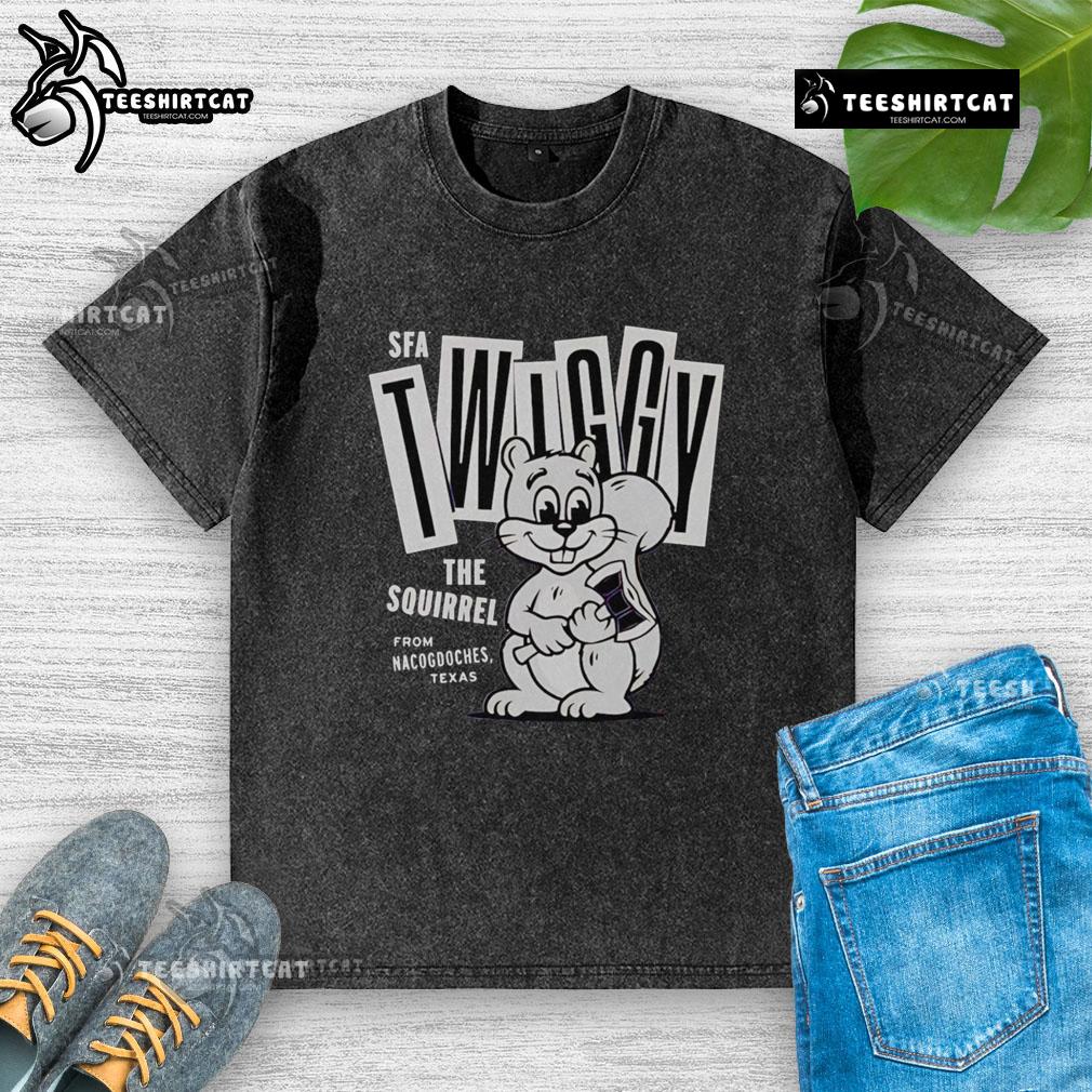 Premium Twiggy The Campus Squirrel washed t-shirt featuring a playful squirrel graphic on a soft, comfortable fabric.