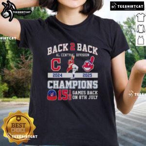 Alt Text: Cleveland Guardians Ladies Tee celebrating 2024-25 AL Central Division Champions with 'Back 2 Back' theme.