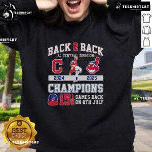 Alt Text: Cleveland Guardians 2024-25 AL Central Division Champions sweatshirt, celebrating games back on July 8.