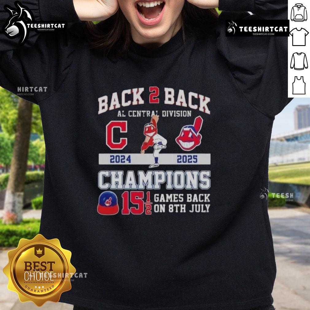 Alt Text: Cleveland Guardians 2024-25 AL Central Division Champions sweatshirt, celebrating games back on July 8.