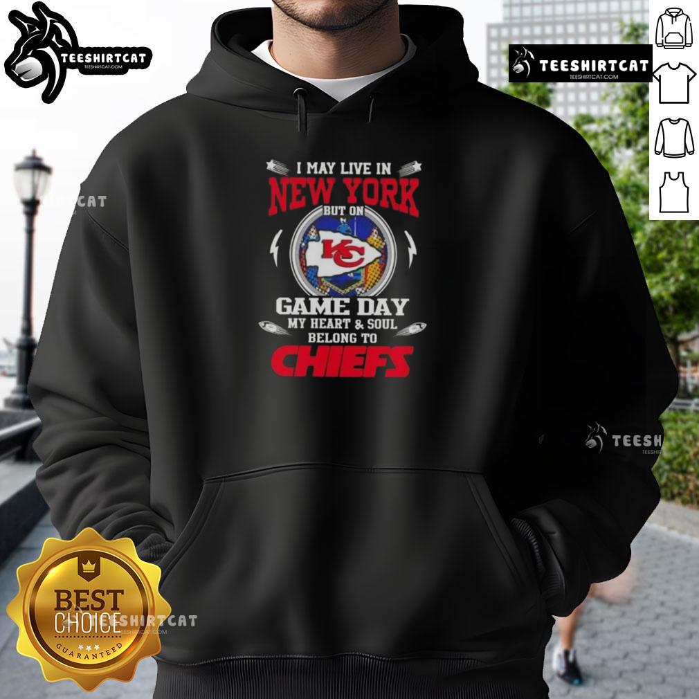 Stylish hoodie featuring 'I may live in New York, but my heart belongs to the Kansas City Chiefs' for game day pride.