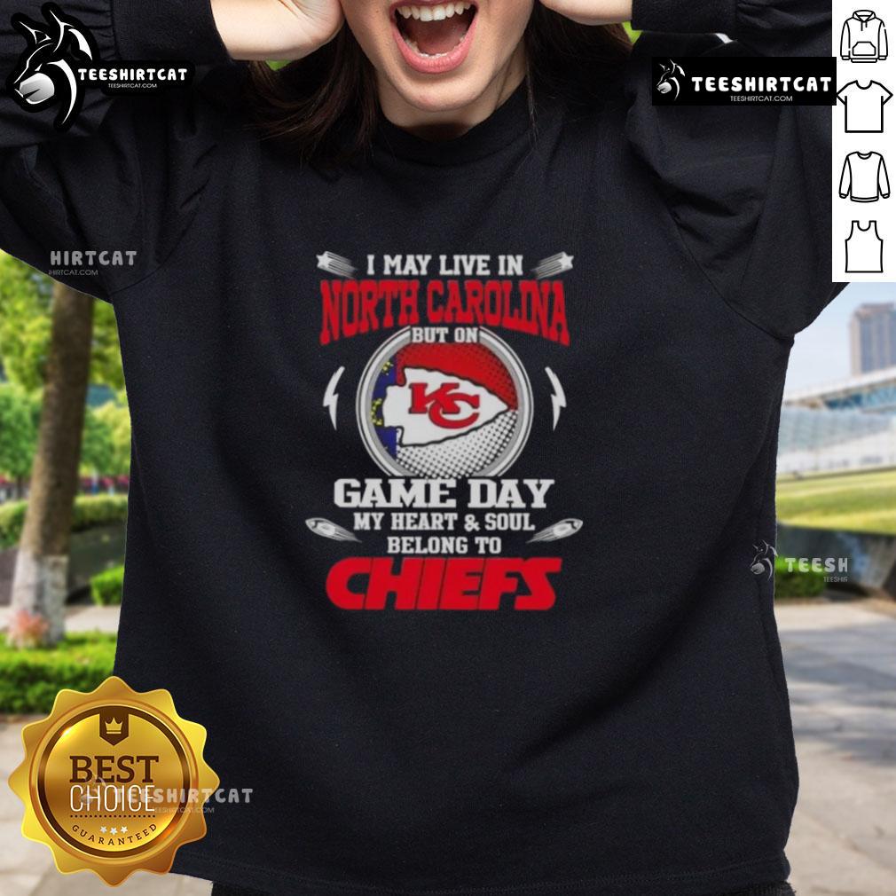 Alt Text: Cozy Kansas City Chiefs sweatshirt with Game Day design, perfect for fans in North Carolina supporting their team.