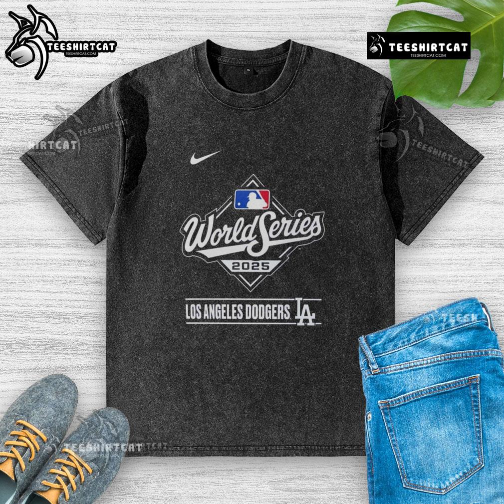 Pretty Los Angeles Dodgers 2025 National League Champions logo on a washed t-shirt, perfect for baseball fans.