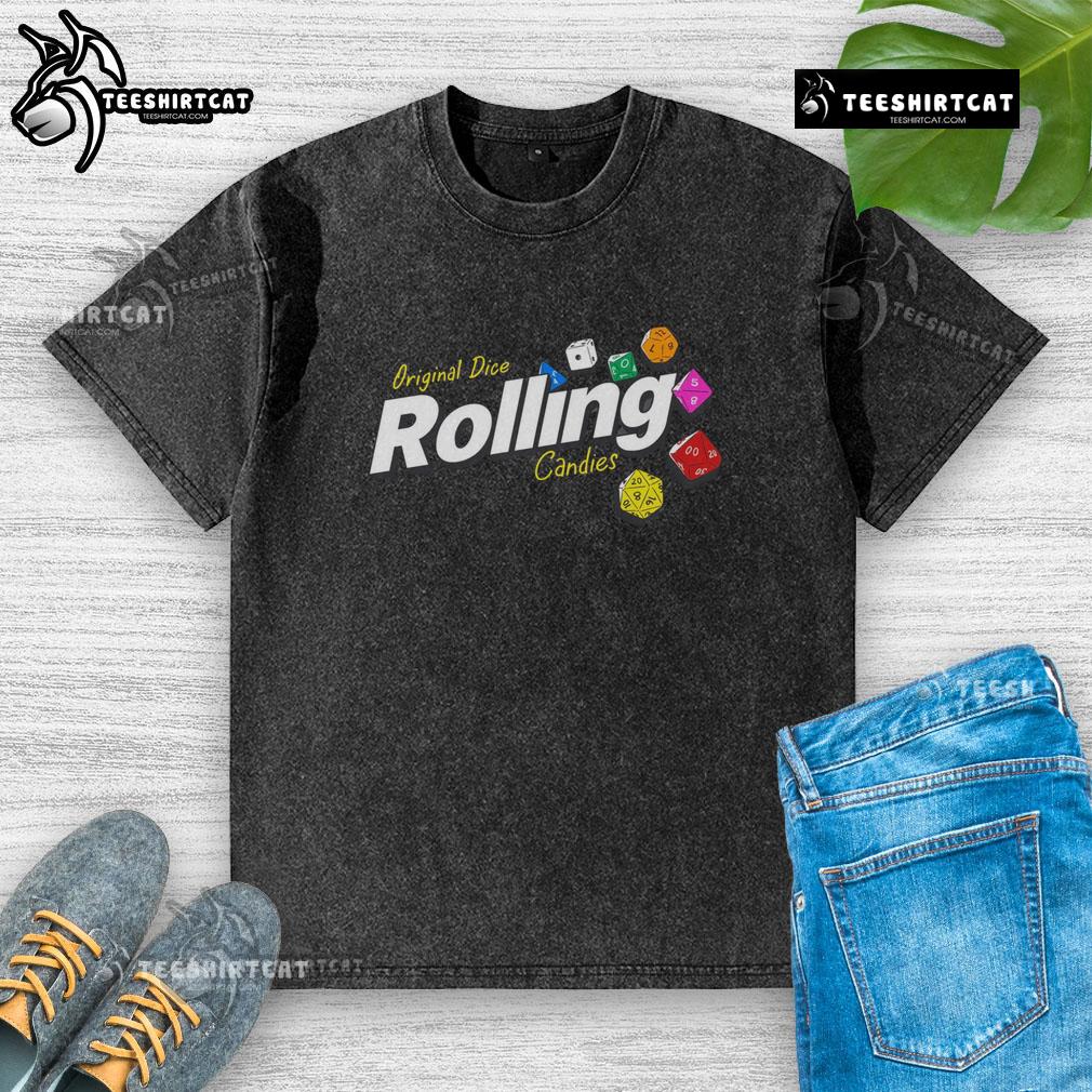 Alt Text: Pretty Original Dice Rolling Candies Washed T-Shirt featuring colorful candy dice design on a soft fabric background.