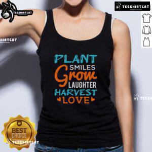Pretty plant smiles on a 'Grow Laughter Harvest Love' tank top, perfect for nature lovers and positive vibes.