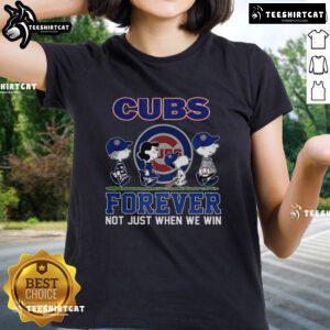 Pretty Snoopy and Friends X Chicago Cubs Forever tee for baseball lovers, perfect for ladies who cheer on their team.