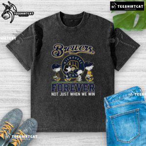 Pretty Snoopy and Friends X Milwaukee Brewers shirt for baseball lovers, featuring vibrant design and 'Forever Not Just When We Win' slogan.