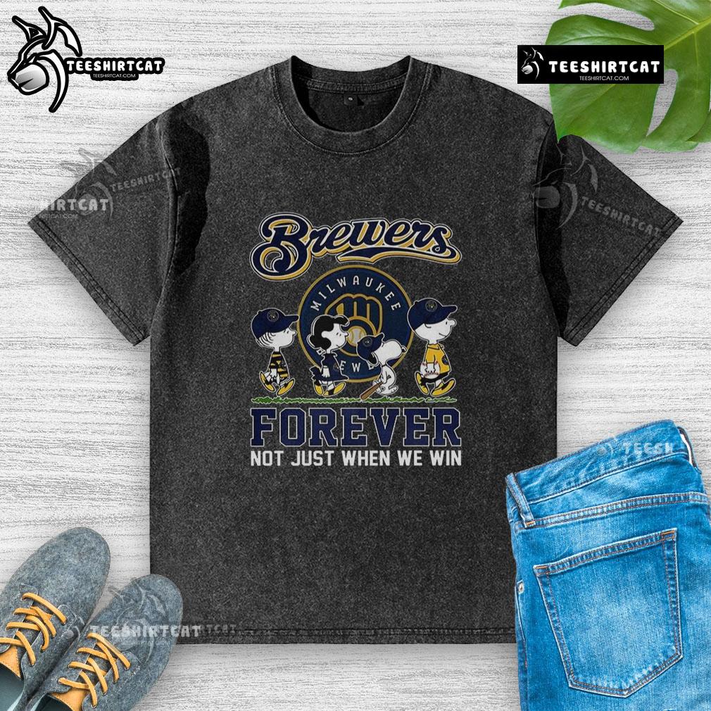 Pretty Snoopy and Friends X Milwaukee Brewers shirt for baseball lovers, featuring vibrant design and 'Forever Not Just When We Win' slogan.