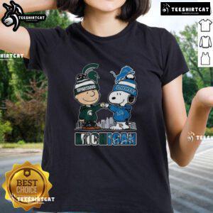 Pretty Snoopy Michigan State Spartans and Detroit Lions winter tee for ladies, perfect for 2025 sports fans.