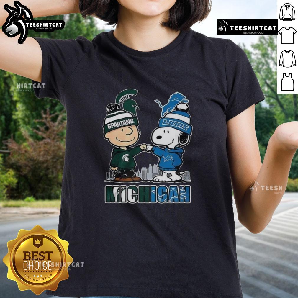 Pretty Snoopy Michigan State Spartans and Detroit Lions winter tee for ladies, perfect for 2025 sports fans.