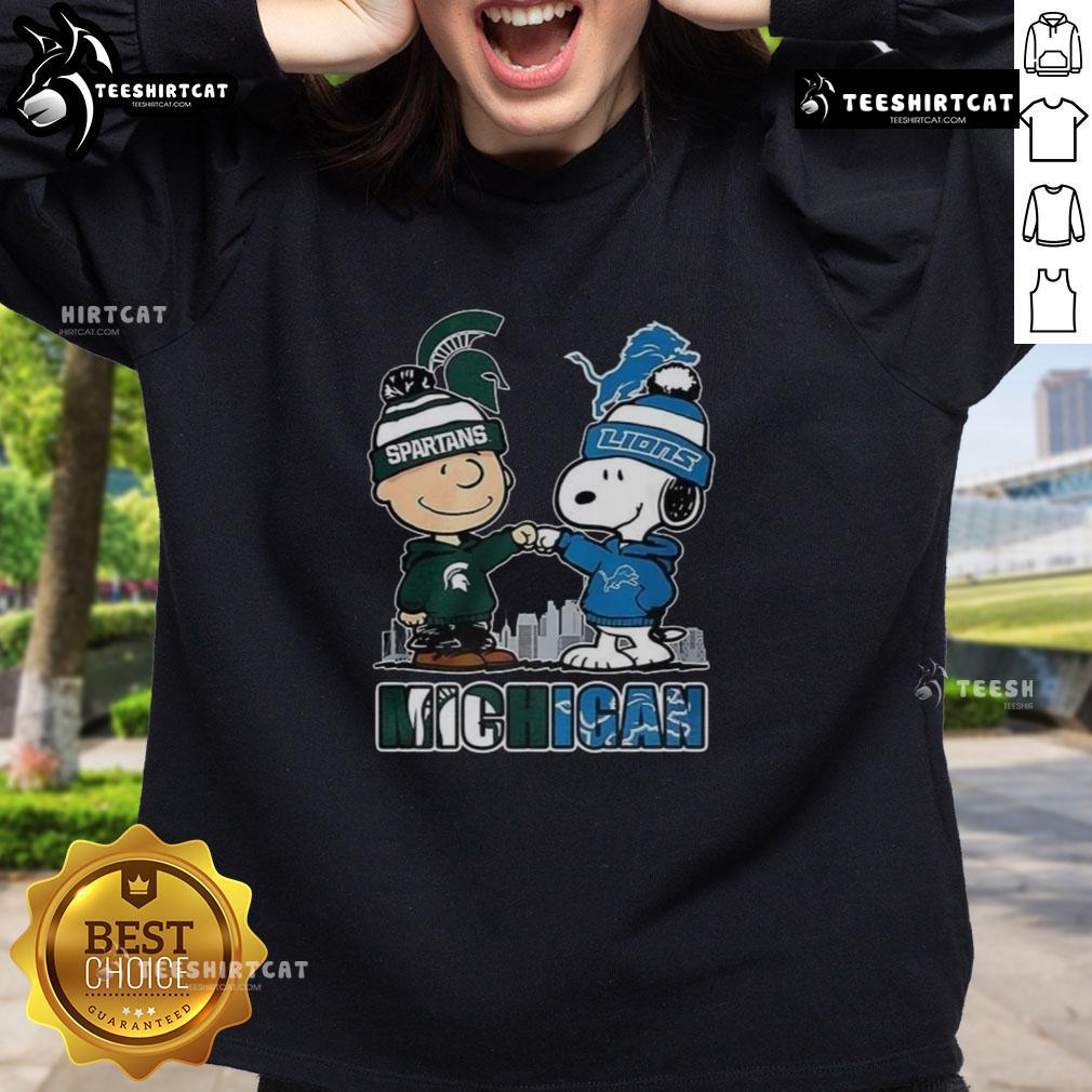 Pretty Snoopy Michigan State Spartans and Detroit Lions winter sweatshirt for 2025, perfect for fans and cold weather.
