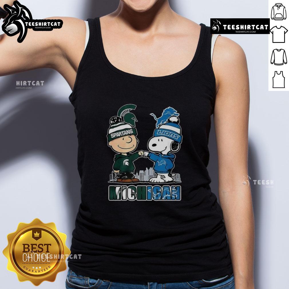 Alt Text: Pretty Snoopy tank top featuring Michigan State Spartans and Detroit Lions designs, perfect for winter 2025.