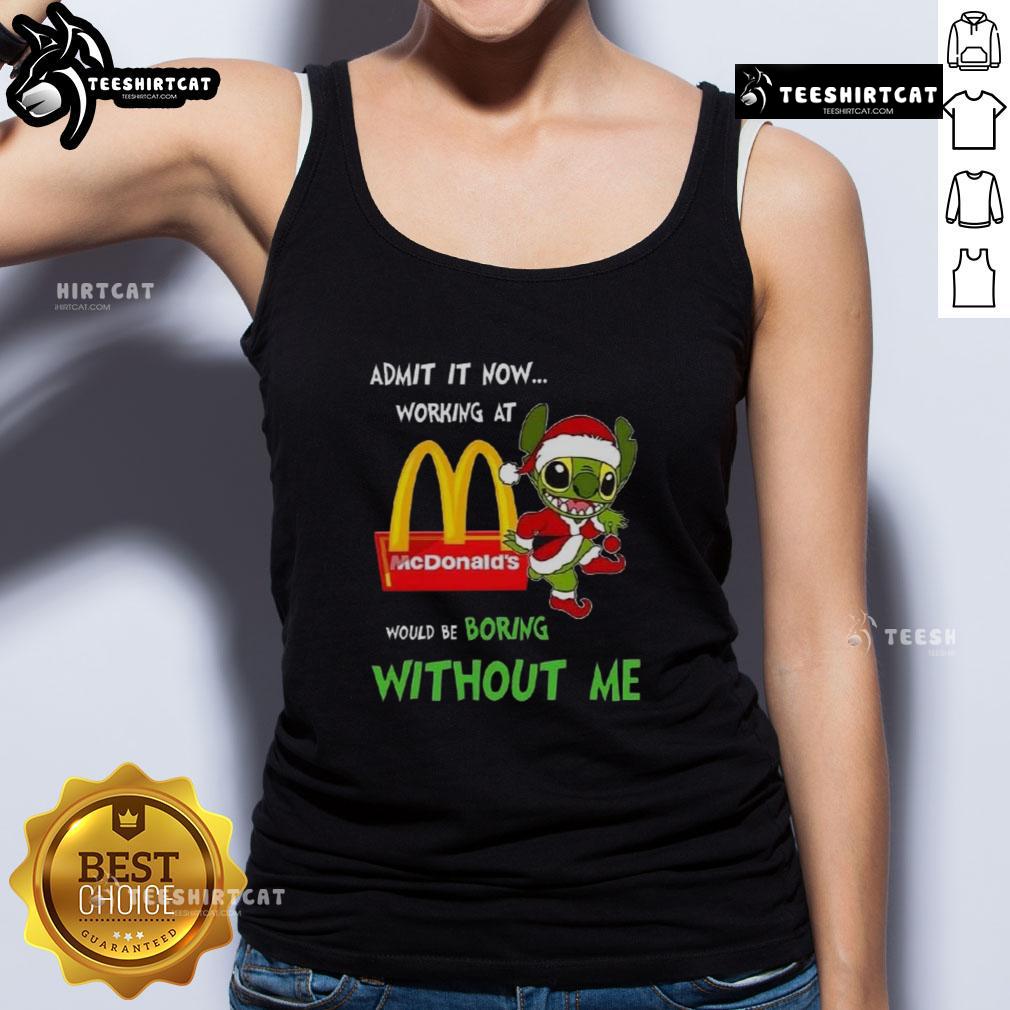 Pretty Stitch tank top featuring 'Working at McDonald's would be boring without me' slogan, perfect for fun casual wear.