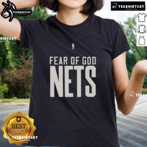 Alt Text: Top Brooklyn Nets NBA Fear of God Ladies Tee featuring stylish design and team logo for female fans.