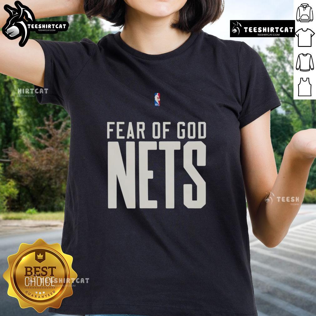 Alt Text: Top Brooklyn Nets NBA Fear of God Ladies Tee featuring stylish design and team logo for female fans.