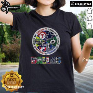 Dallas sports teams combined logos on a ladies tee shirt, showcasing team spirit and style for fans.