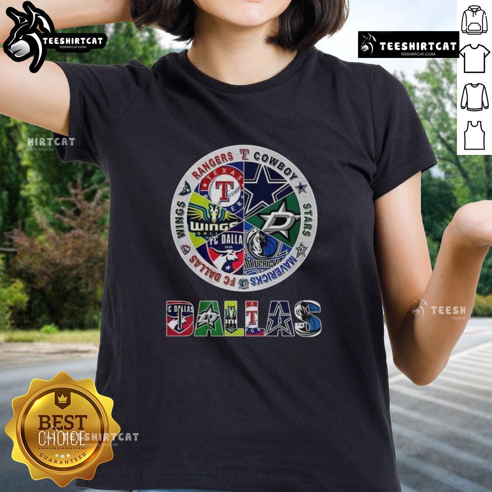 Dallas sports teams combined logos on a ladies tee shirt, showcasing team spirit and style for fans.